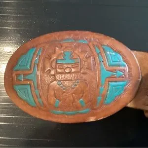 Vintage J.C. Penny south western hand painted leather and wrapped buckle belt Leather Belt Southwest Tooled Native Aztec Southwest Western  main image 3